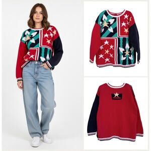 Vintage Talbots Hand Knit Color Block Red Green Patchwork Stars Sweater Large